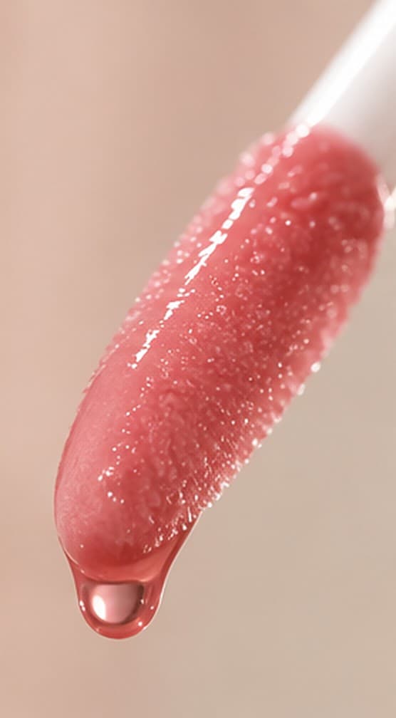 Macro of the doe-foot applicator loaded with rose lip oil, a single drop at its tip