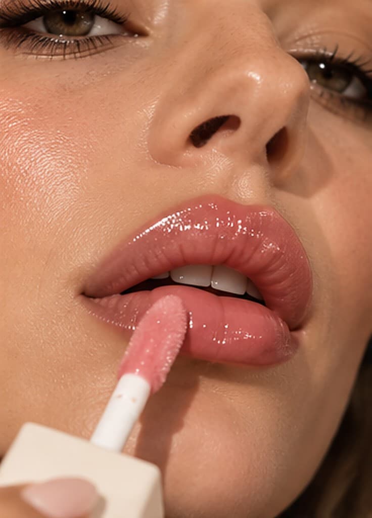 Close-up of the doe-foot applicator sweeping glossy rose lip oil across the lower lip